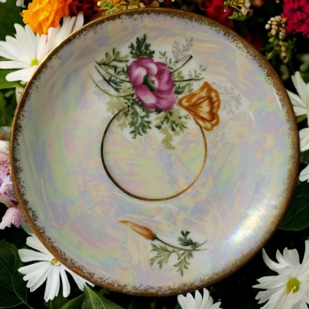 Vtg August Poppy Iridescent Demitasse Footed Cup Saucer Heavy Gold Accents